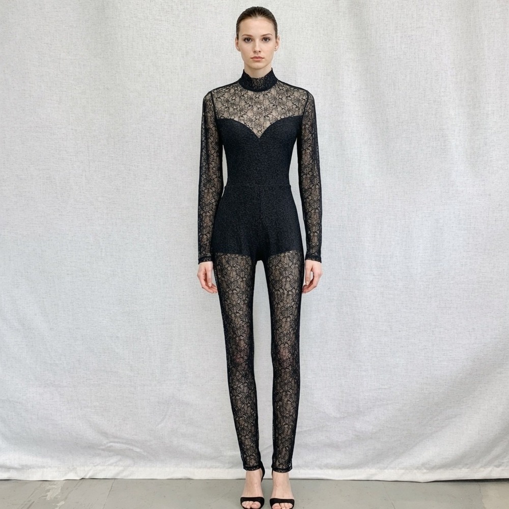 AllSaints Black Lace Mock Neck Long Sleeve Full Body Catsuit Bodysuit US Size 8